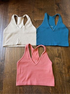 3 pack Ribbed V-Neck Crop Tank  — Teal, Coral, Cream